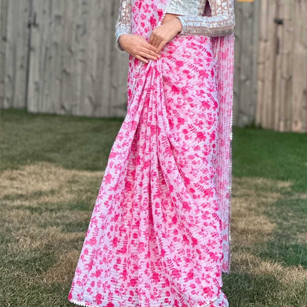 Pink Floral Saree with Silver border